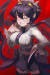  1girl absurdres breasts commentary cowboy_shot filia_(skullgirls) grin hand_on_own_hip highres large_breasts long_hair looking_at_viewer mrstomachache necktie one_eye_closed pleated_skirt prehensile_hair purple_hair red_background red_eyes samson_(skullgirls) school_uniform skirt skullgirls smile solo thighhighs 