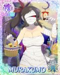  1girl arm_up bandage_on_hair bandaged_chest bandaged_torso bandages border breasts brown_hair candy card_(medium) character_name covered_navel food full_moon game_cg glowing glowing_eye hair_ribbon halloween halloween_bucket halloween_costume large_breasts long_hair moon mummy mummy_costume murakumo_(senran_kagura) naked_bandage night official_art one_eye_covered outdoors red_ribbon ribbon senran_kagura senran_kagura_new_wave side_ponytail solo third-party_source 