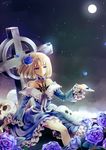  blonde_hair blue_eyes blue_flower blue_rose cross dress fate/prototype fate_(series) flower full_moon hair_flower hair_ornament moon petals rose sajou_manaka short_hair sitting skull smile solo tattoo tombstone willfin 