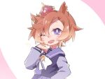  1girl ;d animal_ears beer_hsk blush bow brown_hair crown hair_between_eyes hand_up horse_ears long_sleeves looking_at_viewer mini_crown one_eye_closed pink_background pleated_skirt puffy_long_sleeves puffy_sleeves purple_eyes purple_shirt purple_skirt school_uniform shirt skirt smile solo sparkle t.m._opera_o_(umamusume) tracen_school_uniform two-tone_background umamusume white_background white_bow 
