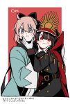  2girls ahoge arm_guards black_bow black_hair black_hat black_jacket black_scarf bow buttons cape chain collared_cape crest family_crest fate/grand_order fate_(series) gloves gold_buttons goma1021 grey_eyes hair_bow half_updo haori hat highres jacket japanese_clothes kimono long_hair medallion military_hat multiple_girls oda_nobunaga_(fate) oda_uri okita_souji_(third_ascension)_(fate) peaked_cap pink_hair popped_collar red_cape red_eyes scarf translated white_gloves white_kimono 