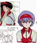  19saiyo ? apron ayanami_rei black_hair blue_hair blush collared_shirt commentary crying employee_uniform english_commentary fast_food_uniform hair_between_eyes hiccup highres ikari_shinji katsuragi_misato mcdonald's name_tag neon_genesis_evangelion red_apron red_eyes shirt sketch window 