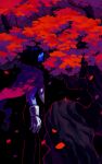  1other absurdres armor blue_hair blue_skin breastplate cape colored_skin deltarune expressionless falling_leaves gauntlets hair_over_eyes highres in-universe_location kris_(dark_world)_(deltarune) kris_(deltarune) leaf orisghost other_focus outline pink_cape red_leaf red_outline short_hair solo standing tree utdr_(toby_fox) 