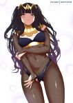  1girl absurdres ass_visible_through_thighs black_hair black_nails blue_bra blue_panties blunt_bangs bodystocking bra breasts bridal_gauntlets closed_mouth commentary_request covered_navel english_commentary fire_emblem fire_emblem_awakening from_below grey_eyes hanta_(hantachi) highres long_hair looking_at_viewer looking_down medium_breasts mixed-language_commentary nail_polish navel panties panty_pull patreon_username pink_lips smile solo standing tharja_(fire_emblem) thighs tiara two_side_up underwear very_long_hair white_background 