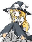  1girl back_bow black_hat black_skirt black_vest blonde_hair bow closed_mouth commentary_request frown green_eyes greyscale hair_bow hat hat_bow kirisame_marisa knees_together_feet_apart knees_up long_hair monochrome neki-t short_sleeves single_sidelock sitting sketch skirt socks solo straight_hair touhou vest white_bow white_socks witch_hat 