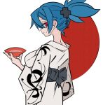  1girl alternate_costume black_sash blue_hair closed_mouth commentary_request cup cxdotchison highres holding holding_cup japanese_clothes japanese_flag kimono looking_at_viewer looking_back ponytail red_eyes sakazuki sash scar scar_on_face scar_on_mouth skullgirls solo standing valentine_(skullgirls) white_background white_kimono 