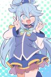  1girl ahoge aqua_(konosuba) arms_up blue_background blue_bow blue_bowtie blue_eyes blue_hair blue_shirt blue_shoes blue_skirt blush bow bowtie breasts bright_pupils brooch check_clothing check_hairstyle clothing_request collar commentary_request cowboy_shot double-parted_bangs double_w gold_trim green_background hair_between_eyes hair_bun hair_ornament halftone halftone_background highres jewelry juliet_sleeves kono_subarashii_sekai_ni_shukufuku_wo! kurachi_mizuki layered_skirt leg_up long_hair long_sleeves medium_breasts one_eye_closed open_mouth partial_commentary pleated_skirt puffy_sleeves purple_collar purple_skirt see-through_clothes see-through_skirt shirt shoes skirt smile solo v-shaped_eyebrows w white_background white_pupils white_sleeves white_trim 