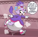  accessory amber_eyes anthro big_diaper blaze_the_cat blush bodily_fluids clothing diaper domestic_cat dress english_text felid feline felis female forehead_gem fur fur_tuft gem hair_accessory hair_tie heel_fur hi_res huge_diaper mammal nervous nervous_sweat nyxiettenyxstar open_mouth poof purple_body purple_fur royalty running sega solo sonic_the_hedgehog_(series) speech_bubble sweat text tuft white_body white_fur 
