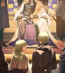  1boy 1girl 4others art_gallery black_coat black_hair black_scarf coat contemporary dagger dual_persona en_(enxxx) female_byleth_(awakened)_(fire_emblem) female_byleth_(fire_emblem) fire_emblem fire_emblem:_three_houses green_eyes green_hair knife long_sleeves looking_at_viewer looking_back male_byleth_(awakened)_(fire_emblem) male_byleth_(enlightened_one)_(fire_emblem) male_byleth_(fire_emblem) medium_hair multiple_others museum mystical_high_collar official_alternate_eye_color official_alternate_hair_color portrait_(object) scarf shadow short_hair sitting weapon 