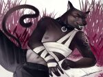 4:3 anthro bandage bandaged_arm bandaged_chest book bottomwear clothing collar collar_ring detailed_background facial_scar fangs felid feline fur fur_tattoo hi_res lying male mammal navel nipples notched_ear on_elbow on_side open_mouth pants scar solo sssnake_mg tail teeth thin_tail