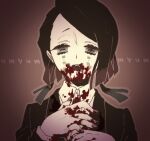  1boy asymmetrical_bangs black_jacket blood blood_in_mouth blood_on_clothes blood_on_face blood_on_hands blood_on_mouth brown_background brown_outline brown_theme buttons colored_tips commentary_request demon_boy english_text enmu_(kimetsu_no_yaiba) facial_mark fangs green_eyes hands_on_own_chest hungry jacket kimetsu_no_yaiba licking_lips long_sleeves looking_at_viewer male_focus medium_hair multicolored_hair muted_color open_mouth outline pale_skin purple_nails solo sosoyuimo straight-on suit_jacket symbol-shaped_pupils tears_facial_mark teeth text_background tongue tongue_out trap undershirt upper_body upper_teeth_only variant_set vignetting 