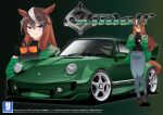  1girl absurdres alternate_costume animal_ears brown_hair car denim gloves green_background green_car green_suit highres holeecrab horse_ears horse_girl jeans motor_vehicle open_mouth pants porsche porsche_911 porsche_964 purple_eyes smug sports_car suit sunglasses symboli_rudolf_(umamusume) umamusume veilside 
