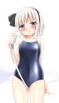  1girl alternate_costume black_hairband blue_one-piece_swimsuit blush commentary_request green_eyes grey_hair hairband highres hitodama holding holding_shower_head konpaku_youmu konpaku_youmu_(ghost) looking_at_viewer one-piece_swimsuit open_mouth school_swimsuit shishiky shower_head showering simple_background solo swimsuit touhou wet white_background 