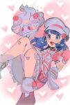  1girl alcremie alcremie_(strawberry_sweet) alcremie_(vanilla_cream) apron chef_hat dawn_(palentine's_2021)_(pokemon) dawn_(pokemon) food fruit happy hat heart hinann_bot mittens non-web_source pink_background pink_shoes pink_theme pokemon pokemon_(creature) pokemon_masters_ex shoes strawberry third-party_source white_apron 