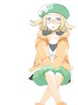  bel_(pokemon) blonde_hair glasses green_hair hat looking_at_viewer pokemon pokemon_(game) pokemon_bw2 ribbon short_hair sitting solo 