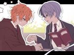  2boys aoyagi_touya book closed_mouth earrings frown grey_eyes highres holding holding_book holding_pen jewelry long_sleeves looking_down male_focus multicolored_hair multiple_boys nanobooboo necktie open_book open_mouth orange_hair pen project_sekai school_uniform shinonome_akito single_earring smile 