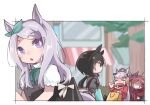  4girls bag beer_hsk black_dress black_hair black_shirt blurry blurry_background brown_hair brown_hat building closed_eyes collared_shirt day depth_of_field dress ear_covers gold_ship_(umamusume) green_eyes grey_hair hair_between_eyes hat hood hood_down hoodie kin'iro_ryotei_(umamusume) long_hair low_ponytail mask mejiro_mcqueen_(umamusume) mini_hat mouth_mask multiple_girls open_mouth orfevre_(old_design)_(umamusume) paper_bag ponytail puffy_short_sleeves puffy_sleeves purple_eyes purple_hair red_hoodie red_shirt shirt short_sleeves sleeveless sleeveless_dress swept_bangs tree umamusume very_long_hair wavy_mouth white_shirt 