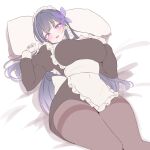  1girl absurdres apron black_dress blue_hair blush breasts brown_pantyhose butterfly_hair_ornament commentary_request cowboy_shot dress flat_color hair_ornament head_on_pillow highres indie_virtual_youtuber juliet_sleeves large_breasts long_hair long_sleeves looking_at_viewer lying maid maid_headdress mimyo_(vtuber) multicolored_hair on_back open_mouth pantyhose pillow puffy_sleeves purple_eyes purple_streaks rapid17 single_hair_streak smile solo streaked_hair thighband_pantyhose thighs virtual_youtuber waist_apron white_apron 