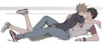  2boys arms_around_neck black_shirt blue_oak blue_pants bracelet brown_eyes capri_pants collared_shirt commentary_request denim full_body green_shoes hand_on_another's_back heart highres imminent_kiss jeans jewelry lying male_focus multiple_boys on_back on_person pants parted_bangs parted_lips pk_rgr96 pokemon pokemon_sm red_(pokemon) red_shoes shirt shoes short_hair short_sleeves sneakers spiked_hair t-shirt two-tone_shirt yaoi 