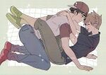  2boys arms_around_neck backwards_hat baseball_cap ben-day_dots black_shirt blue_oak blue_pants blush brown_eyes brown_hair closed_eyes closed_mouth collared_shirt commentary_request denim from_side full_body grey_pants hat highres jeans kneeling leg_lock legs_up looking_at_another male_focus medium_sideburns multiple_boys open_mouth pants parted_bangs pk_rgr96 pokemon pokemon_sm red_(pokemon) red_hat red_shoes screentones shirt shoes short_sleeves sideburns smile spiked_hair t-shirt yaoi 