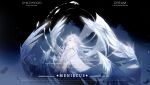  1girl absurdres black_background chinese_commentary closed_eyes closed_mouth commentary_request english_text feathers hand_on_own_hip highres long_hair original smoke solo standing very_long_hair white_hair wings yi_ke_da_cui_tao_tao 