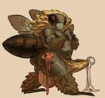 anthro arthropod bee big_tail bikini_thong bodily_fluids chest_tuft clothed clothing cum cum_on_underwear erection erection_in_underwear erection_under_clothing fluffy genital_fluids genitals hair hi_res hymenopteran insect looking_at_viewer luna_flux male muscular muscular_legs neck_tuft penis sex shortstack shortstack_male simple_background solo swimwear tail tuft underwear underwear_only wings