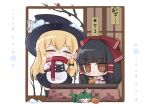  3girls absurdres apron ascot black_bow black_hair black_hat black_skirt black_vest blonde_hair bow braid breath brown_eyes chibi chibi_only closed_eyes commentary curly_hair detached_sleeves english_commentary green_hair hair_bow hair_tubes hakurei_reimu hat hat_bow highres horns kirisame_marisa komainu_ears komainu_girl komano_aunn kotatsu long_hair mini_person minigirl mittens mixed-language_commentary multiple_girls no_noru red_bow red_mittens red_scarf ribbon-trimmed_sleeves ribbon_trim scarf side_braid single_braid single_horn skirt sleeping snow snow_on_headwear table touhou under_kotatsu under_table very_long_hair vest waist_apron winter witch_hat yellow_ascot 