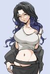  1girl absurdres arm_behind_back belt black_belt black_hair black_jacket black_skirt blue_background blue_hair breasts clothes_pull collarbone commentary_request cowboy_shot crop_top grey_tank_top groin highres jacket large_breasts long_hair long_sleeves looking_at_viewer midriff multicolored_hair navel nittora off_shoulder official_alternate_costume official_alternate_hairstyle open_clothes open_jacket orange_eyes parted_bangs parted_lips project_sekai shiraishi_an side_slit sidelocks simple_background skirt skirt_pull solo strap_slip tank_top two-tone_hair wavy_hair zozotown 