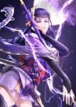  1girl abyss-and-dark arm_up blunt_bangs blurry blurry_background braid bridal_gauntlets cherry_blossoms commentary depth_of_field electricity engulfing_lightning_(genshin_impact) full_moon genshin_impact glowing hair_ornament hair_ribbon highres holding holding_polearm holding_weapon japanese_clothes kimono long_braid long_hair looking_at_viewer mitsudomoe_(shape) mole mole_under_eye moon moonlight multicolored_eyes multicolored_hair night parted_lips polearm powering_up purple_eyes purple_hair purple_kimono purple_nails purple_thighhighs raiden_shogun red_sash ribbon sash shade single_braid sky solo standing star_(sky) starry_sky streaked_hair thighhighs tomoe_(symbol) upper_body weapon wide_sleeves 