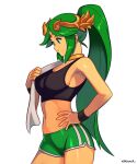  1girl absurdres bare_shoulders black_sports_bra breasts circlet closed_mouth commentary english_commentary forehead_jewel gold_collar green_eyes green_hair green_shorts hair_ornament highres holding holding_towel kid_icarus kid_icarus_uprising large_breasts long_hair navel over_shoulder palutena ponytail shorts simple_background smgold smile solo sports_bra stomach towel very_long_hair white_background wristband 