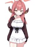  1girl aru_(blue_archive) blue_archive blush brown_jacket closed_mouth commentary cowboy_shot demon_horns dress halo highres horns io9 jacket long_hair looking_at_viewer open_clothes open_jacket pink_hair pink_halo simple_background sleeves_past_wrists smile solo white_background white_dress yellow_eyes 