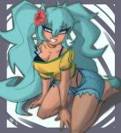  1girl aqua_hair ass barefoot bead_choker beads bikini blue_eyes bracelet brazil brazilian_flag brazilian_flag_print brazilian_miku breasts cleavage ekowrosmi flag_print flower green_nails hair_flower hair_ornament hatsune_miku highres jewelry logo long_hair multiple_bracelets nail_polish off_shoulder shirt shorts shorts_tan sitting smile solo swimsuit tan tanline_peek tanlines teeth toned toned_female twintails vocaloid wariza yellow_nails yellow_shirt 