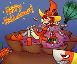  andy_anvil arms_behind_head artist_name avery_(skullgirls) bad_id bad_pixiv_id blue_background blush_stickers candy candy_corn closed_eyes english extra_eyes feather_duster food george_the_bomb gias-ex-machella gloves happy_halloween hat jack-o'-lantern looking_up open_mouth peacock_(skullgirls) red_hair sack sharp_teeth short_hair simple_background sitting skullgirls smile sweatdrop teeth top_hat witch_hat 