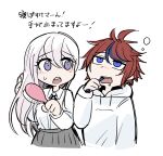  1boy 1girl ahoge black_streaks blue_eyes brushing_hair brushing_own_hair brushing_teeth collared_shirt commentary_request cropped_torso deformed drooling grey_skirt hair_brush highres holding holding_hair_brush holding_toothbrush hood hoodie kashimiya_karua long_hair long_sleeves looking_at_another looking_up mouth_drool multicolored_hair purple_eyes red_hair shirt short_hair skirt squeans streaked_hair sumino_takumi sweatdrop the_hundred_line_-last_defense_academy- tkiura_runa toothbrush translation_request two-tone_hair white_hair white_hoodie white_shirt 