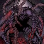  1boy absurdres blood blood_on_weapon chainsaw chainsaw_devil chainsaw_man commentary_request cowboy_shot demon extra_arms facing_to_the_side hell_(chainsaw_man) highres horns intestine_clothing intestines no_eyes organs otataru0806 sharp_teeth teeth weapon 