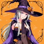  1girl absurdres alternate_costume blush breasts cape cleavage edelgard_von_hresvelg elbow_gloves fire_emblem fire_emblem:_three_houses gloves hair_ribbon halloween halloween_costume hat highres light_smile medium_breasts nekomoni pumpkin purple_eyes ribbon skindentation solo thighhighs white_hair witch witch_hat 