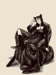  1girl animal animal_ears armchair black_dress black_outline cat_ears chair dress full_body greyscale highres leotard long_hair monochrome original outline petting solo tp_p_pt 