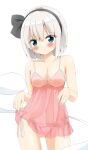  alternate_costume babydoll black_hairband blush bra breasts cleavage closed_mouth commentary_request cowboy_shot green_eyes grey_hair hairband highres hitodama konpaku_youmu konpaku_youmu_(ghost) large_breasts lingerie medium_hair panties pink_babydoll pink_bra pink_panties shishiky side-tie_panties simple_background sweat touhou underwear white_background 