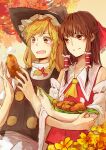  2girls absurdres apron ascot autumn_leaves bigreen black_hat black_skirt black_vest blonde_hair bow braid brown_eyes brown_hair chinese_commentary commentary_request detached_sleeves food frilled_bow frilled_hair_tubes frills hair_bow hair_tubes hakurei_reimu hat highres holding holding_food kirisame_marisa leaf long_hair multiple_girls open_mouth puffy_short_sleeves puffy_sleeves red_bow red_skirt ribbon-trimmed_sleeves ribbon_trim roasted_sweet_potato short_sleeves side_braid single_braid skirt skirt_set smile sweet_potato touhou vest waist_apron white_apron witch_hat yellow_ascot 