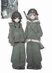  2girls :3 black_eyes black_hair blonde_hair blue_eyes chito_(shoujo_shuumatsu_ryokou) coat combat_helmet expressionless fur_coat fur_trim green_coat green_pants grey_helmet gun gun_on_back hands_in_pockets hashtag-only_commentary helmet highres jacket long_hair long_sleeves looking_at_viewer low_twintails multiple_girls pants photo_inset short_hair shoujo_shuumatsu_ryokou smile twintails v weapon weapon_on_back white_background ymymime yuuri_(shoujo_shuumatsu_ryokou) 