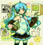  1girl artist_name blue_eyes blue_hair blue_necktie commentary computer detached_sleeves english_commentary flower folder green_theme hachune_miku hatsune_miku highres jack_sprout korean_text necktie spring_onion vocaloid window_(computing) yellow_flower 