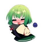  1girl absurdres animal blush cat chibi chibi_only closed_eyes commentary_request fang frilled_sleeves frills full_body green_hair green_skirt highres holding holding_animal kaenbyou_rin kaenbyou_rin_(cat) komeiji_koishi long_sleeves open_mouth shirt short_hair simple_background skin_fang skirt sleeves_past_fingers sleeves_past_wrists third_eye touhou white_background yellow_shirt you_(noanoamoemoe) 