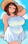  1girl ^_^ absurdres alternate_body_size alternate_breast_size_(larger) alternate_costume arm_behind_head arm_up belly blush_stickers boku_no_hero_academia breasts brown_hair champchidi closed_eyes covered_navel cowboy_shot dress facing_viewer fat freckles hand_on_headwear hat highres large_breasts ocean outdoors short_dress short_hair sleeveless sleeveless_dress smile solo sun_hat sundress uraraka_ochaco white_dress 