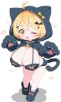  1girl :o ahoge alternate_costume animal_hands animal_hood bat_hair_ornament blonde_hair blush breasts cat_hood cat_tail cleavage commentary_request fang fur_bikini gloves hair_ornament hairclip heart highres hololive hood hood_up kani_bonara large_breasts leaning_forward long_sleeves looking_at_viewer one_eye_closed paw_gloves paw_shoes simple_background skin_fang solo standing tail virtual_youtuber white_background yellow_eyes yozora_mel 