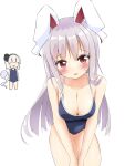  2girls alternate_costume animal_ears black_hairband blue_one-piece_swimsuit blush breast_size_difference breasts cleavage collarbone commentary_request grey_hair hairband highres hitodama konpaku_youmu konpaku_youmu_(ghost) large_breasts leaning_forward multiple_girls one-piece_swimsuit open_mouth purple_hair rabbit_ears rabbit_girl red_eyes reisen_udongein_inaba school_swimsuit shishiky simple_background smile sweatdrop swimsuit touhou white_background 
