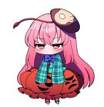  1girl blue_bow blue_bowtie blush bow bowtie bright_pupils chibi chibi_only commentary_request footwear_bow full_body green_bow green_shirt hata_no_kokoro highres jitome long_hair long_sleeves mask mask_on_head no_mouth orange_skirt pink_eyes pink_hair plaid_clothes plaid_shirt red_bow shirt shoes simple_background skirt sleeves_past_fingers sleeves_past_wrists solo standing touhou v-shaped_eyebrows white_pupils white_shoes you_(noanoamoemoe) 