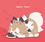  animal_focus blue_eyes cake claws commentary dog eating english_text food full_body luminous_slime lycanroc lycanroc_(midday) no_humans no_lineart plate pokemon pokemon_(creature) pokemon_focus red_background simple_background solo symbol-only_commentary 