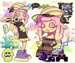  1girl artist_name baseball_cap character_name commentary english_commentary harmony_(splatoon) hat holding jack_sprout paint_splatter pink_hair print_shirt sea_anemone shirt shoes signature sneakers splatoon_(series) splatoon_3 squid_girl white_background 