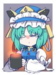  1girl blue_eyes blue_vest chahan_(fried_rice0614) chibi commentary cup frills green_hair hat highres holding holding_cup lava long_sleeves medium_hair mug one_eye_closed shiki_eiki shirt solo touhou upper_body vest white_shirt 
