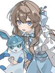  1girl blue_bow blue_eyes blue_flower blue_skirt blush bow breasts brown_hair chest_bow flower frilled_shirt frilled_sleeves frills glaceon hair_between_eyes hair_bow hair_flower hair_intakes hair_ornament high-waist_skirt highres holding holding_pokemon jewelry key key_necklace looking_at_viewer loose_hair_strand necklace open_mouth original pokemon_(creature) shirt sidelocks skirt small_breasts solo standing upper_body wdcha_s white_background white_shirt 